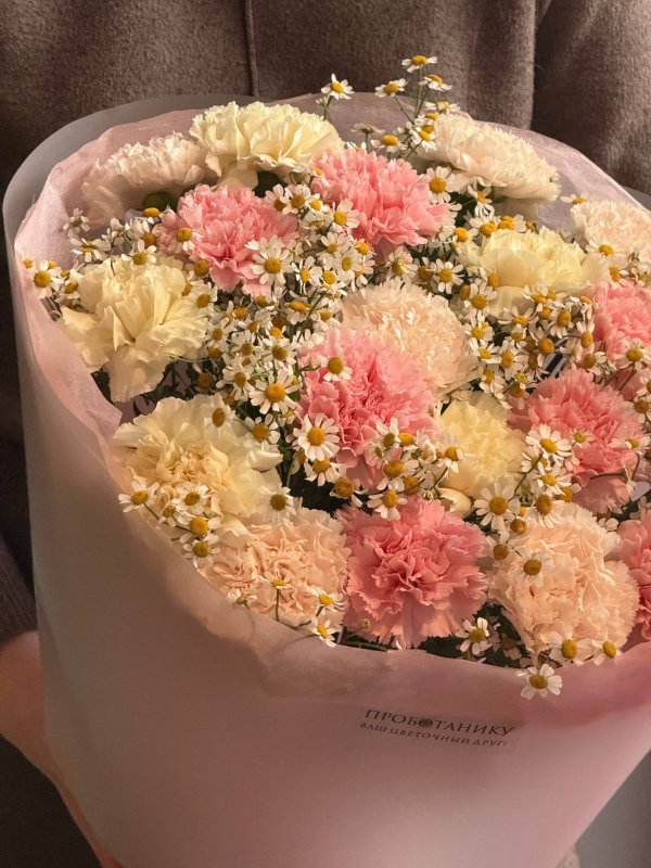 Букет диантусами и кустовой ромашкой